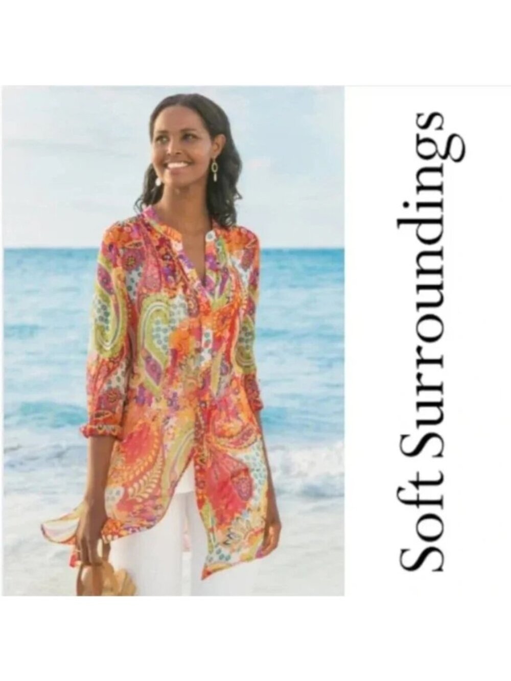 Soft Surroundings Womens 2X Multicolor Paisley Floral Tunic Blouse semi Sheer